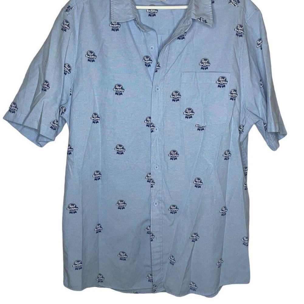 Pabst Blue Ribbon Shirt Men Medium Blue All Over Print Short Sleeve Button Up